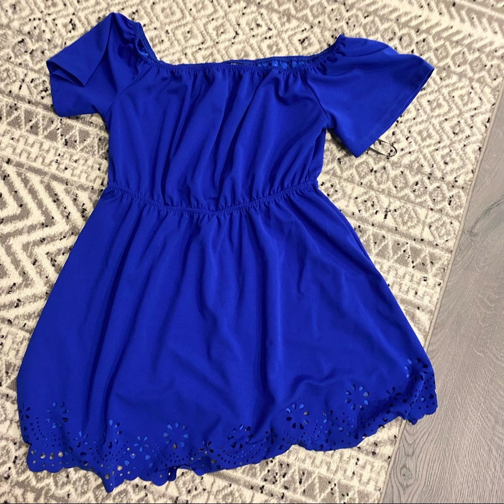 SHEIN Cobalt Plus Off Shoulder Scallop Laser Cut Hem Dress
